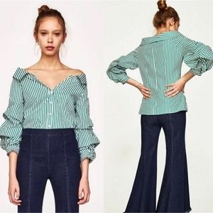 Zara Wide Open Neck Puffy Sleeved Green Stripes